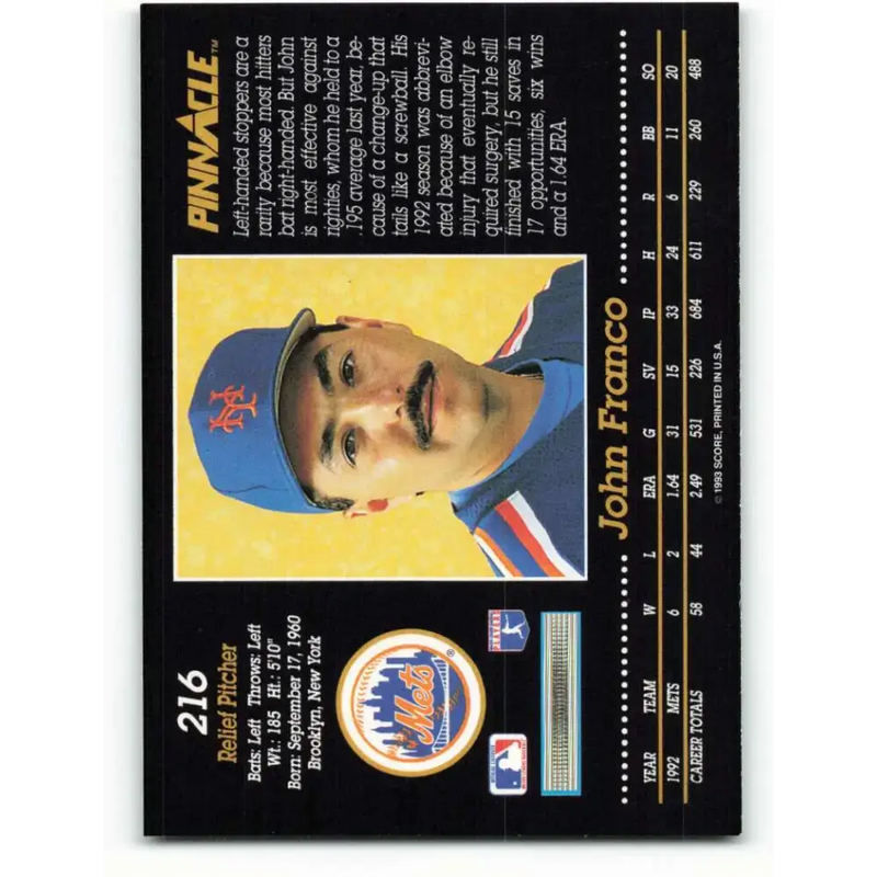 1993 Pinnacle #216 John Franco NM-MT New York Mets Baseball Card - Baseball Card Single