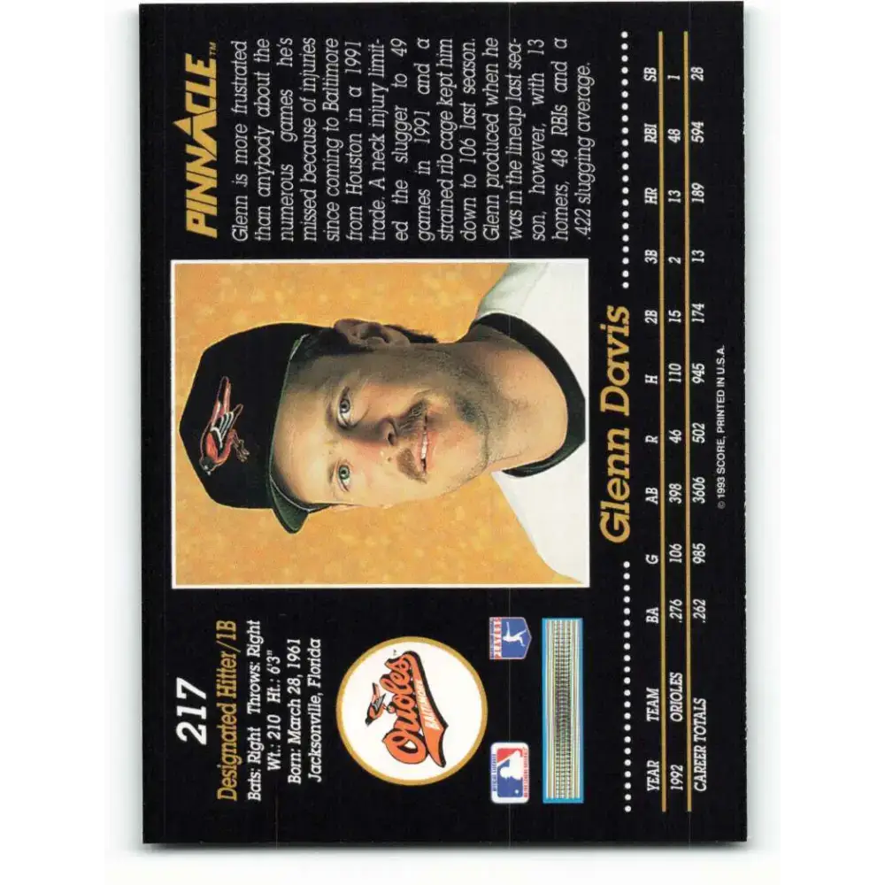 1993 Pinnacle #217 Glenn Davis NM-MT Baltimore Orioles Baseball Card - Baseball Card Single