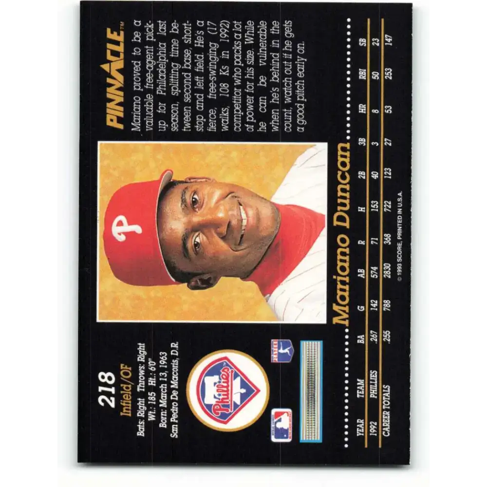 1993 Pinnacle #218 Mariano Duncan NM-MT Philadelphia Phillies Baseball Card - Baseball Card Single