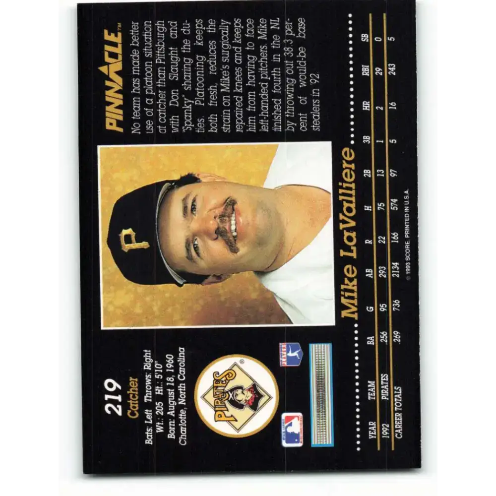 1993 Pinnacle #219 Mike LaValliere NM-MT Pittsburgh Pirates Baseball Card - Baseball Card Single