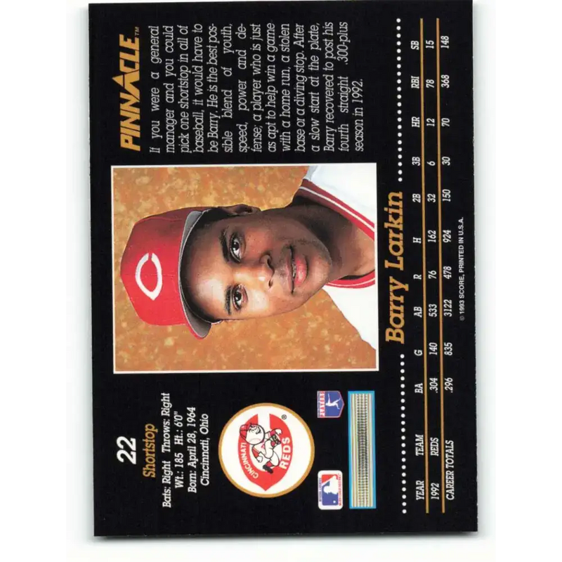 1993 Pinnacle #22 Barry Larkin NM-MT Cincinnati Reds Baseball Card - Baseball Card Single