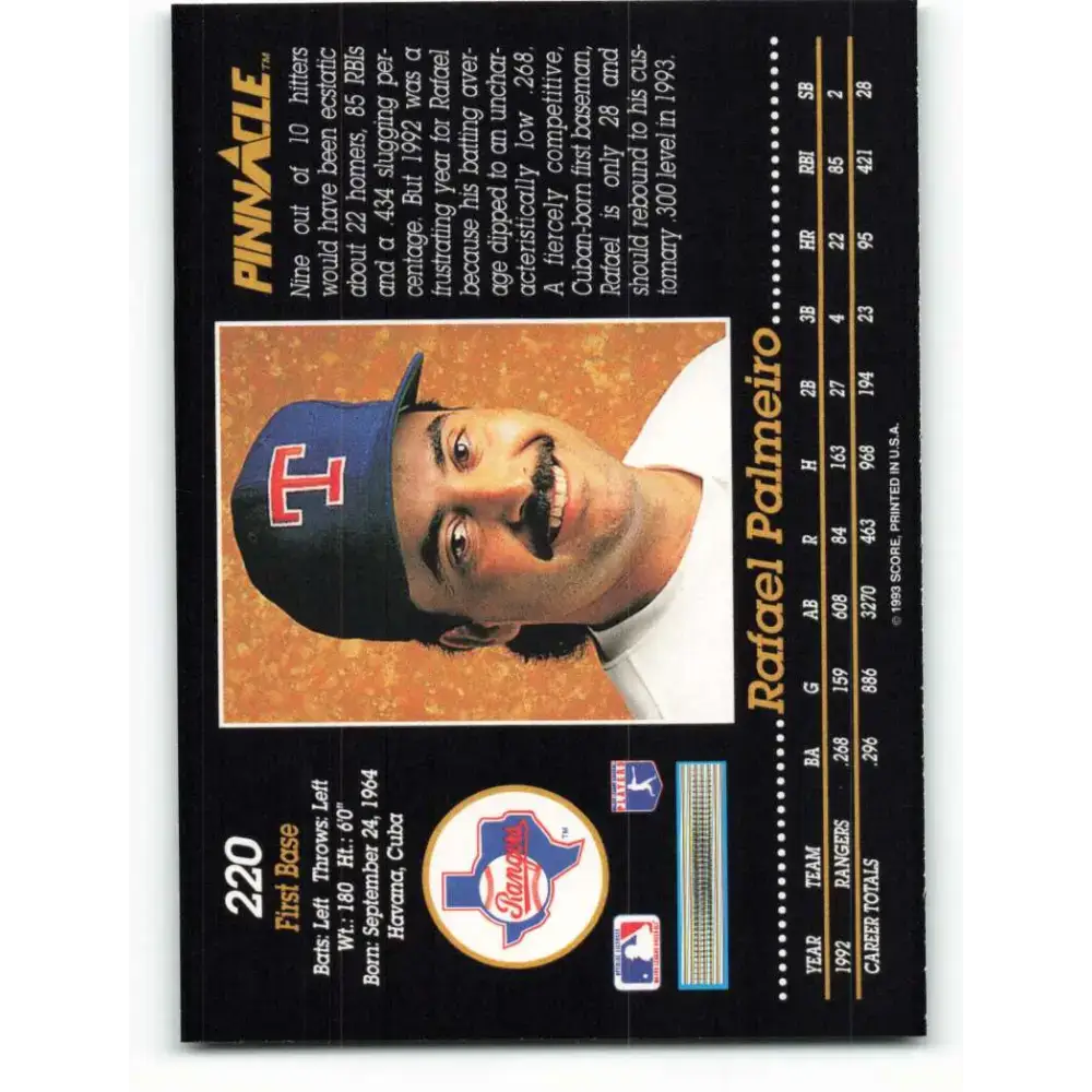 1993 Pinnacle #220 Rafael Palmeiro NM-MT Texas Rangers Baseball Card - Baseball Card Single
