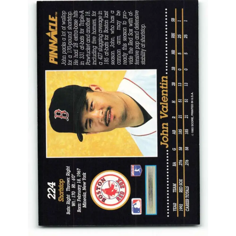 1993 Pinnacle #224 John Valentin NM-MT Boston Red Sox Baseball Card - Baseball Card Single