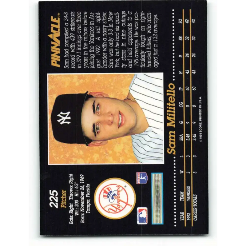 1993 Pinnacle #225 Sam Militello NM-MT New York Yankees Baseball Card - Baseball Card Single