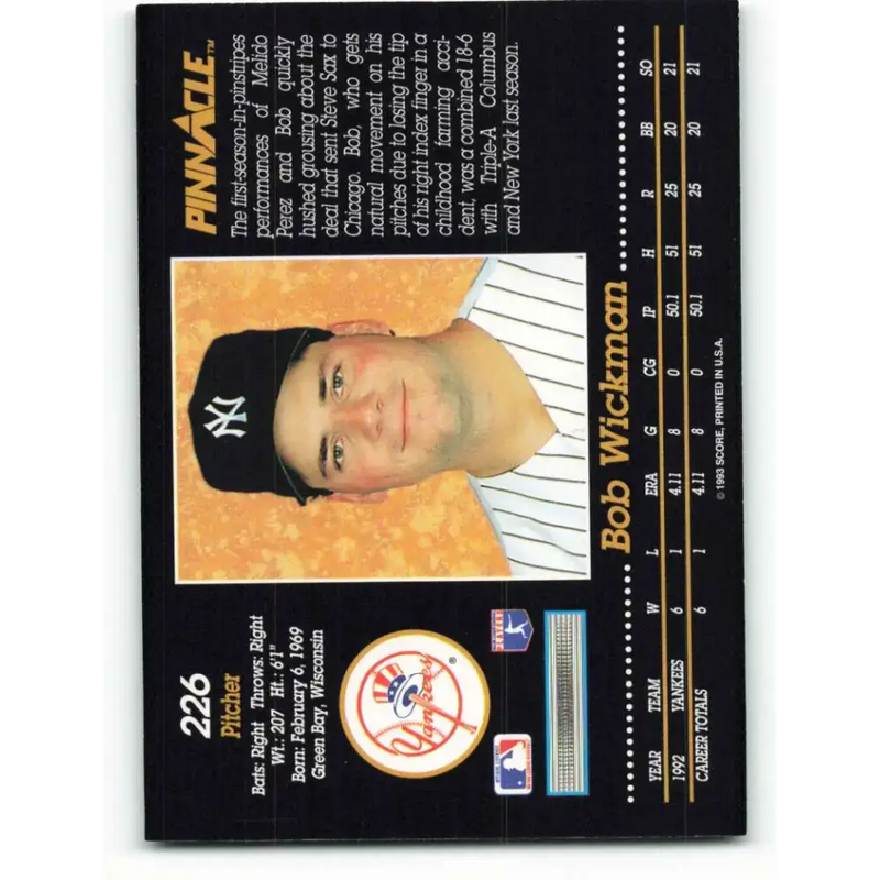 1993 Pinnacle #226 Bob Wickman NM-MT New York Yankees Baseball Card - Baseball Card Single