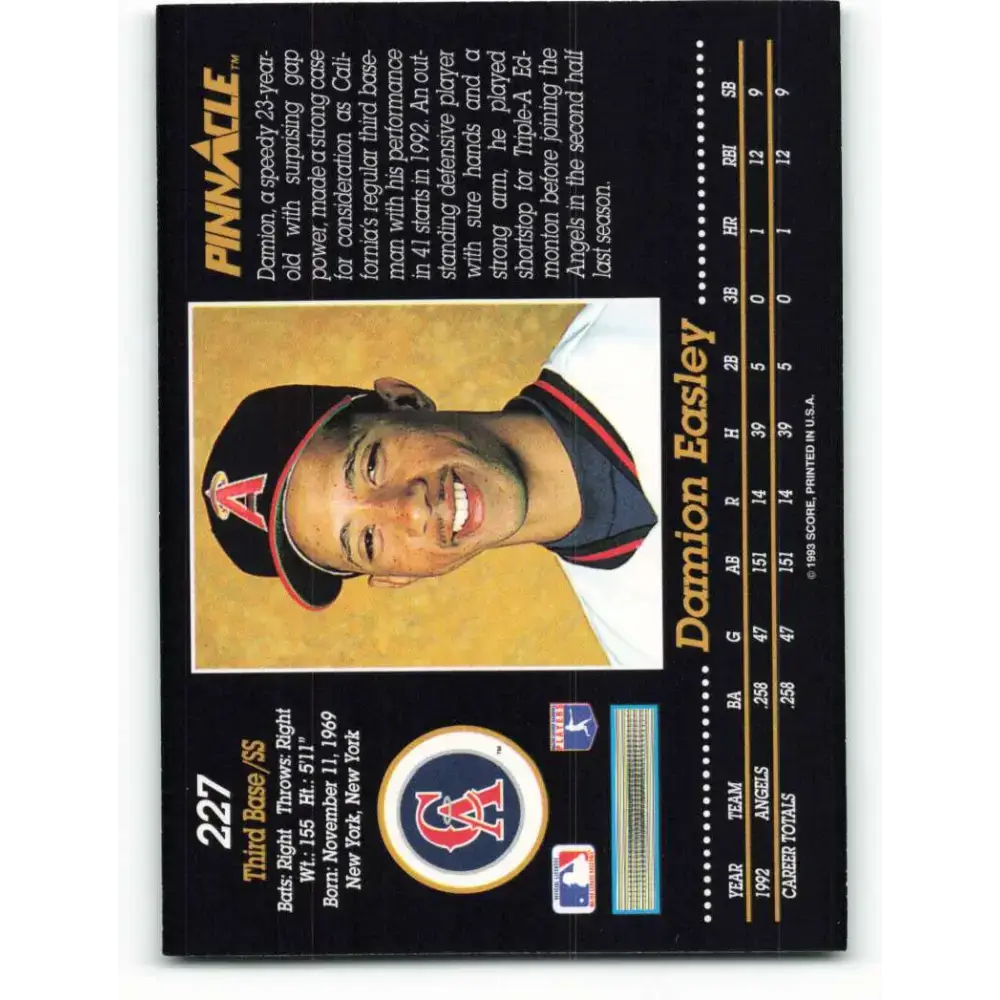 1993 Pinnacle #227 Damion Easley NM-MT California Angels Baseball Card - Baseball Card Single