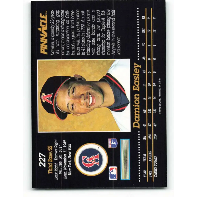 1993 Pinnacle #227 Damion Easley NM-MT California Angels Baseball Card - Baseball Card Single