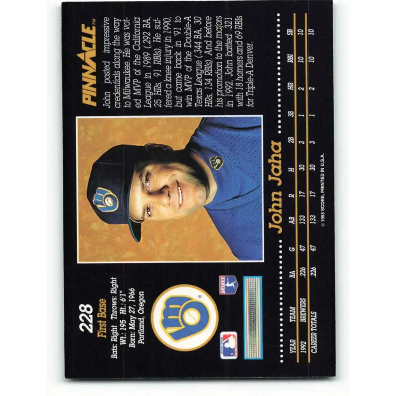 1993 Pinnacle #228 John Jaha NM-MT Milwaukee Brewers Baseball Card - Baseball Card Single