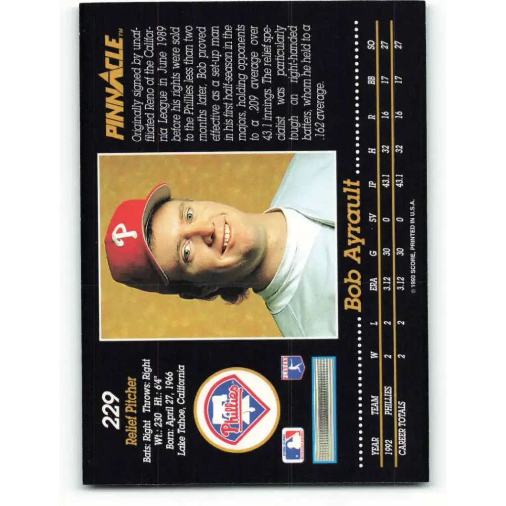 1993 Pinnacle #229 Bob Ayrault NM-MT Philadelphia Phillies Baseball Card - Baseball Card Single