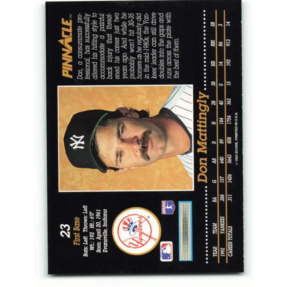1993 Pinnacle #23 Don Mattingly NM-MT New York Yankees Baseball Card - Baseball Card Single