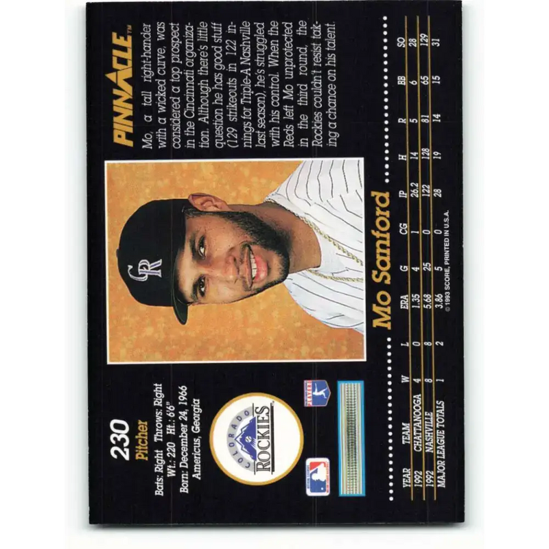 1993 Pinnacle #230 Mo Sanford NM-MT Colorado Rockies Baseball Card - Baseball Card Single