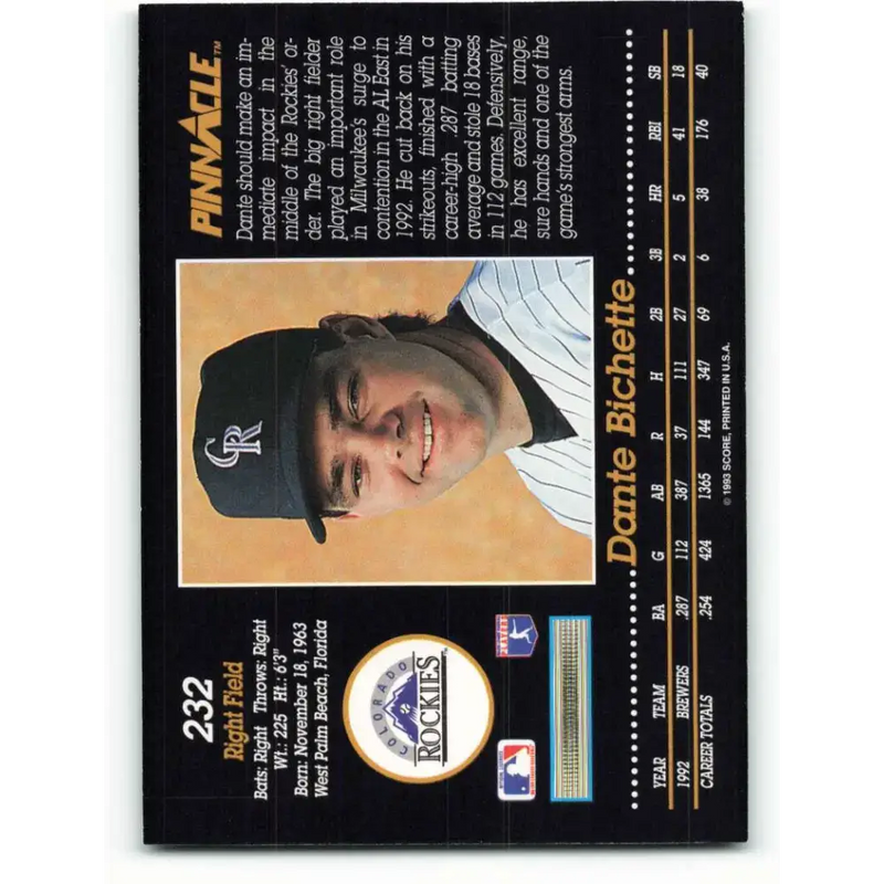 1993 Pinnacle #232 Dante Bichette NM-MT Colorado Rockies Baseball Card - Baseball Card Single