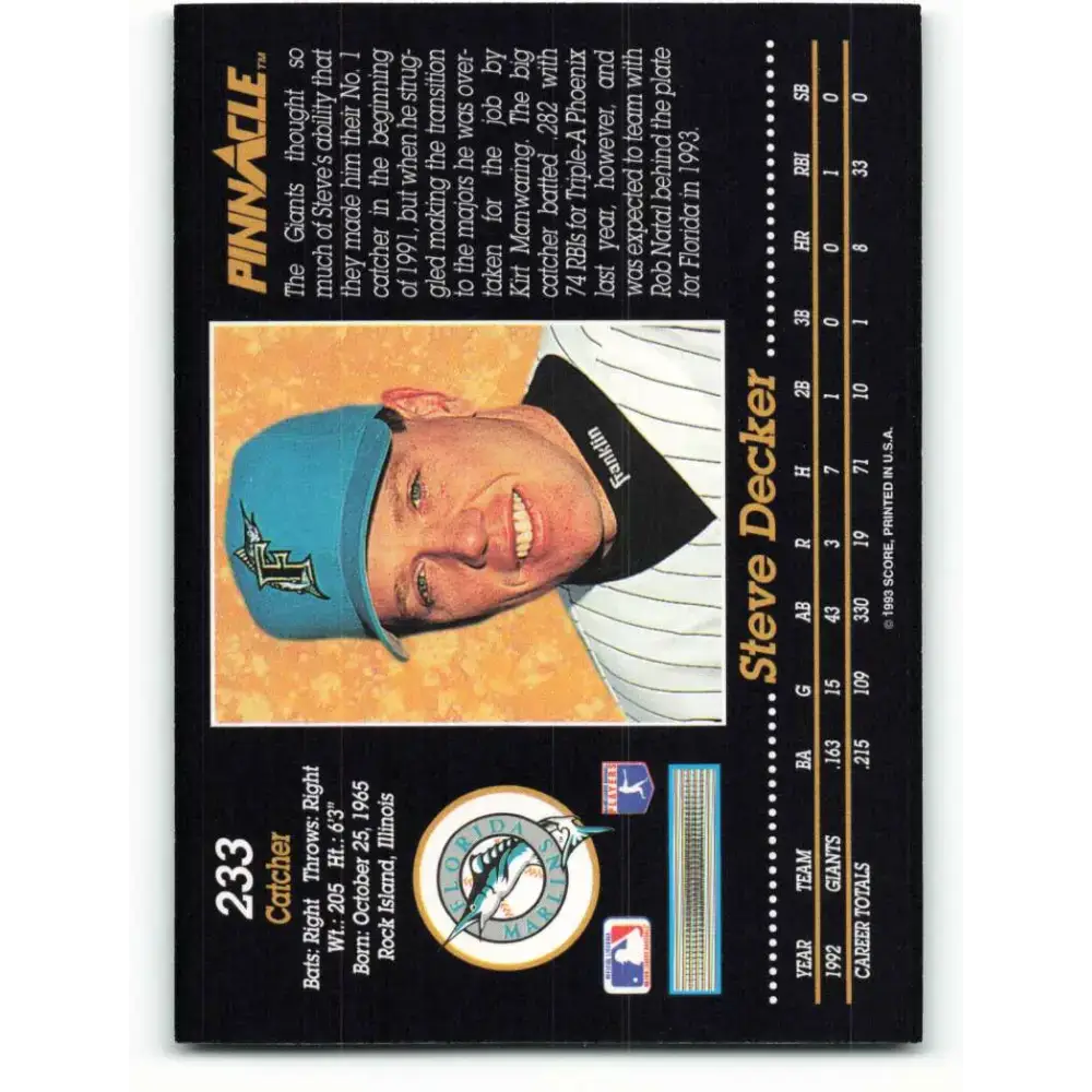 1993 Pinnacle #233 Steve Decker NM-MT Florida Marlins Baseball Card - Baseball Card Single