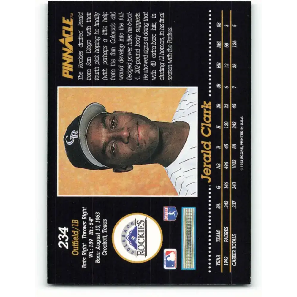 1993 Pinnacle #234 Jerald Clark NM-MT Colorado Rockies Baseball Card - Baseball Card Single