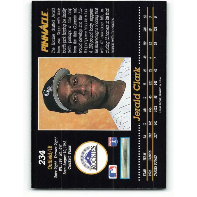 1993 Pinnacle #234 Jerald Clark NM-MT Colorado Rockies Baseball Card - Baseball Card Single