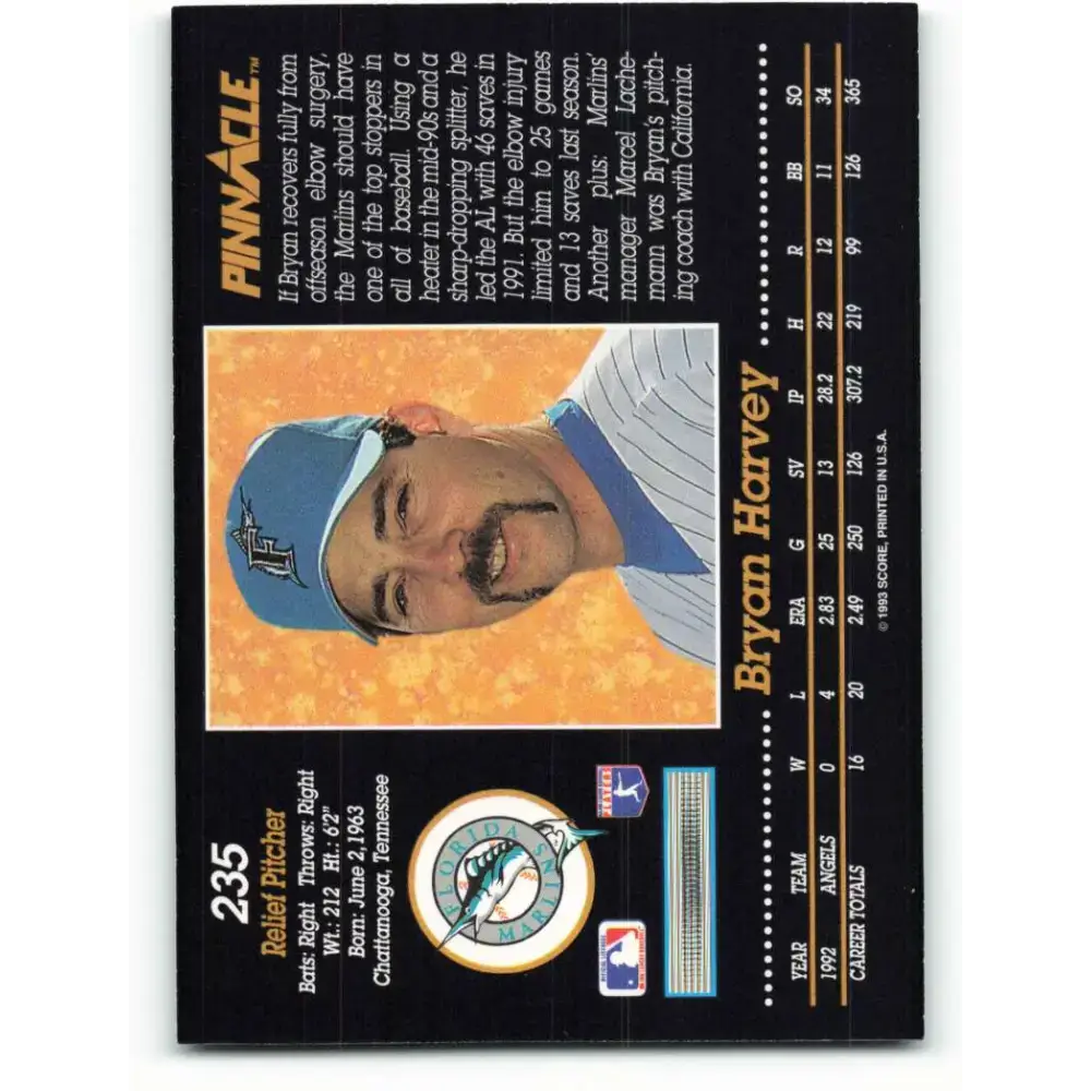 1993 Pinnacle #235 Bryan Harvey NM-MT Florida Marlins Baseball Card - Baseball Card Single