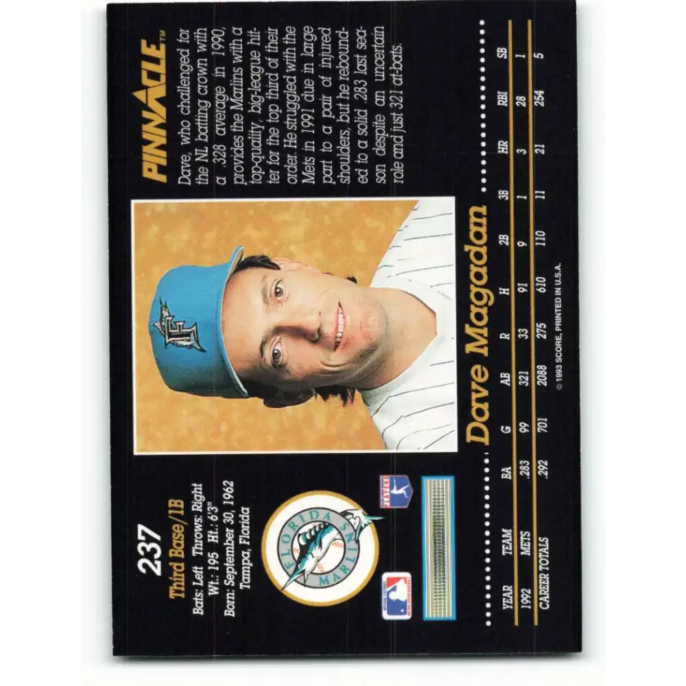 1993 Pinnacle #237 Dave Magadan NM-MT Florida Marlins Baseball Card - Baseball Card Single