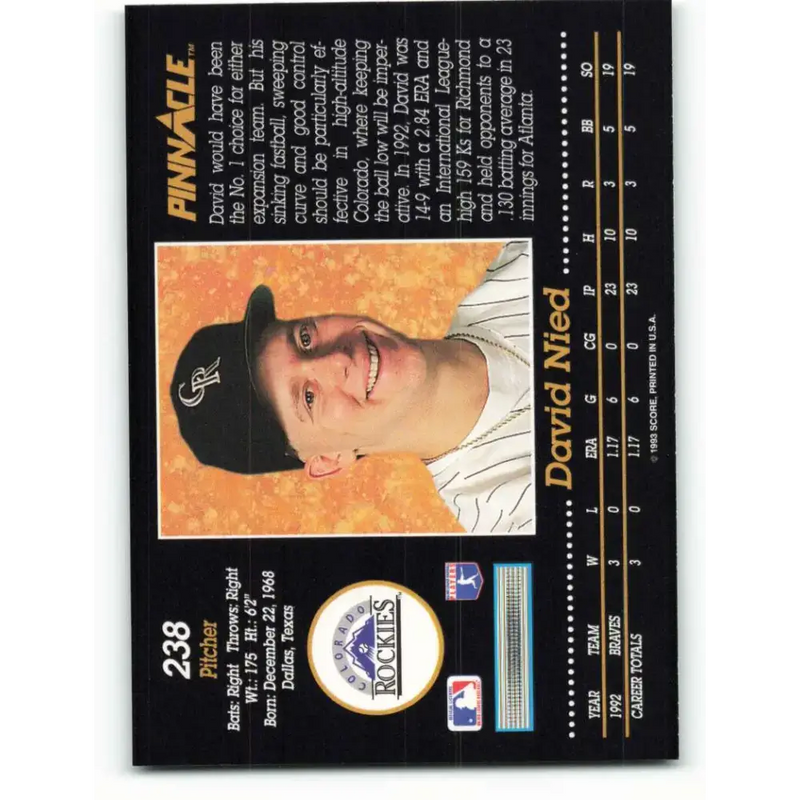 1993 Pinnacle #238 David Nied NM-MT Colorado Rockies Baseball Card - Baseball Card Single