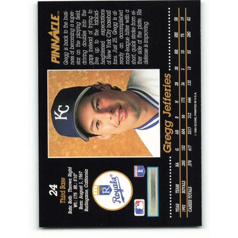 1993 Pinnacle #24 Gregg Jefferies NM-MT Kansas City Royals Baseball Card - Baseball Card Single