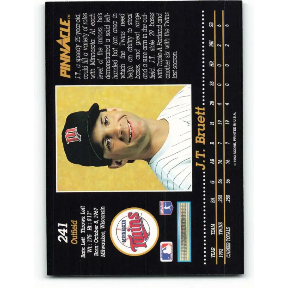 1993 Pinnacle #241 J.T. Bruett NM-MT Minnesota Twins Baseball Card - Baseball Card Single