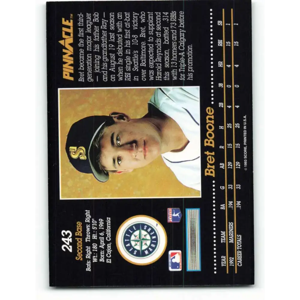 1993 Pinnacle #243 Bret Boone NM-MT Seattle Mariners Baseball Card - Baseball Card Single