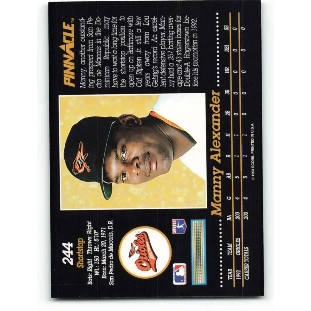 1993 Pinnacle #244 Manny Alexander NM-MT Baltimore Orioles Baseball Card - Baseball Card Single