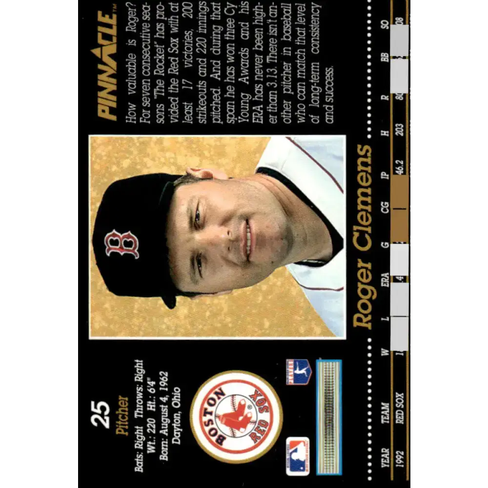 1993 Pinnacle #25 Roger Clemens EX/NM Boston Red Sox Baseball Card - Baseball Card Single