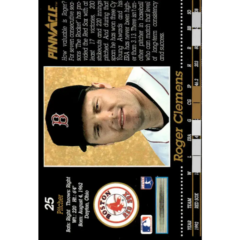 1993 Pinnacle #25 Roger Clemens EX/NM Boston Red Sox Baseball Card - Baseball Card Single