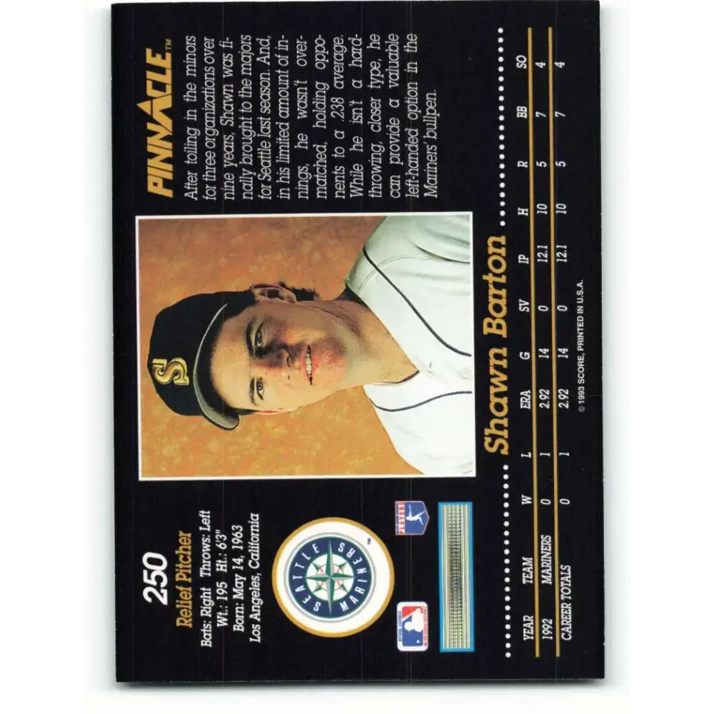 1993 Pinnacle #250 Shawn Barton NM-MT RC Rookie Seattle Mariners Baseball Card - Baseball Card Single