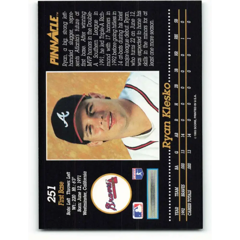 1993 Pinnacle #251 Ryan Klesko NM-MT Atlanta Braves Baseball Card - Baseball Card Single