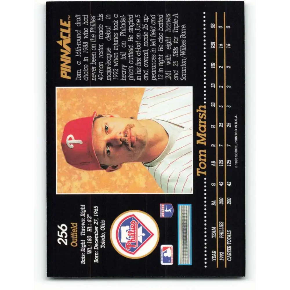 1993 Pinnacle #256 Tom Marsh NM-MT Philadelphia Phillies Baseball Card - Baseball Card Single