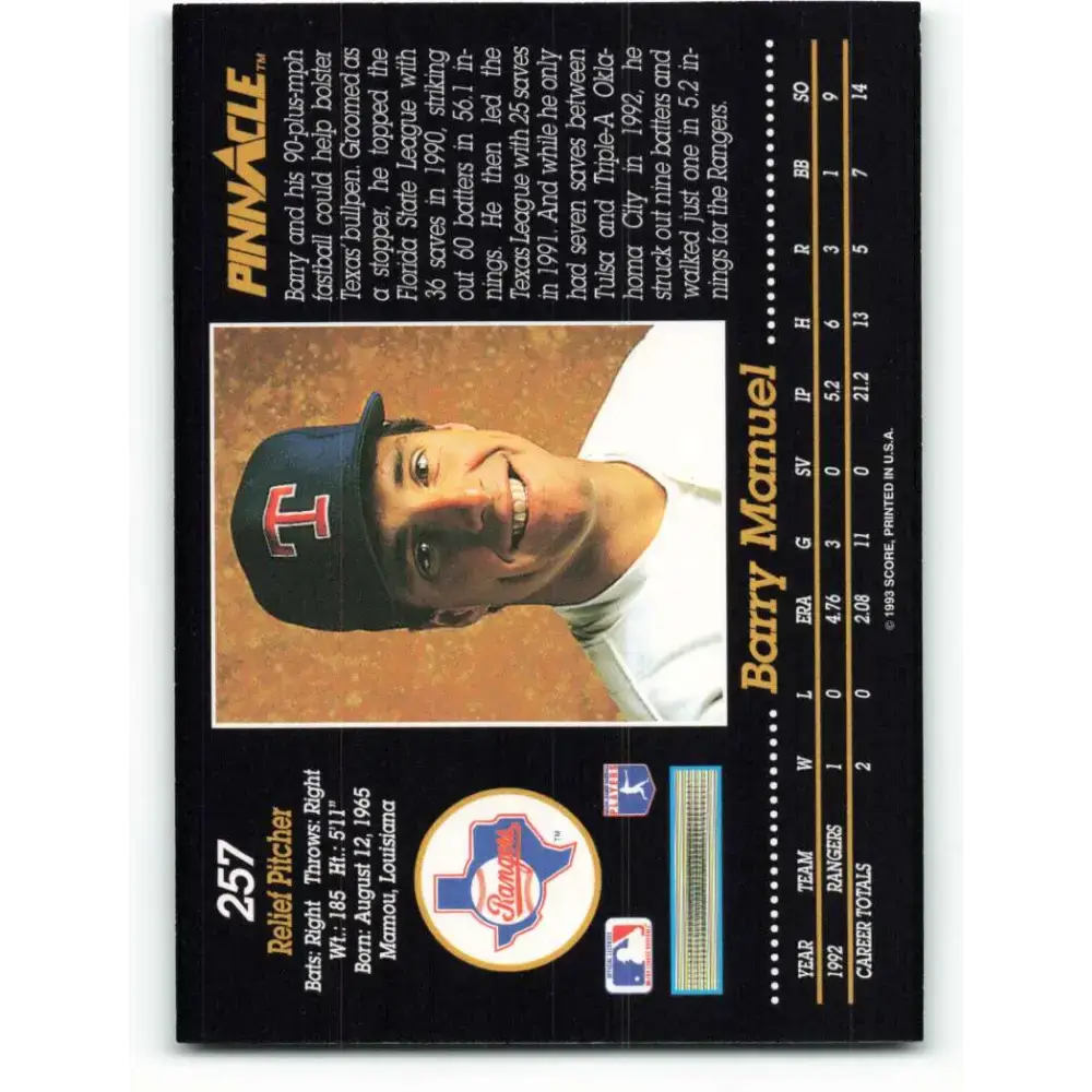 1993 Pinnacle #257 Barry Manuel NM-MT Texas Rangers Baseball Card - Baseball Card Single