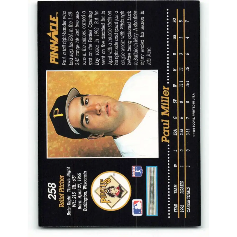 1993 Pinnacle #258 Paul Miller NM-MT Pittsburgh Pirates Baseball Card - Baseball Card Single