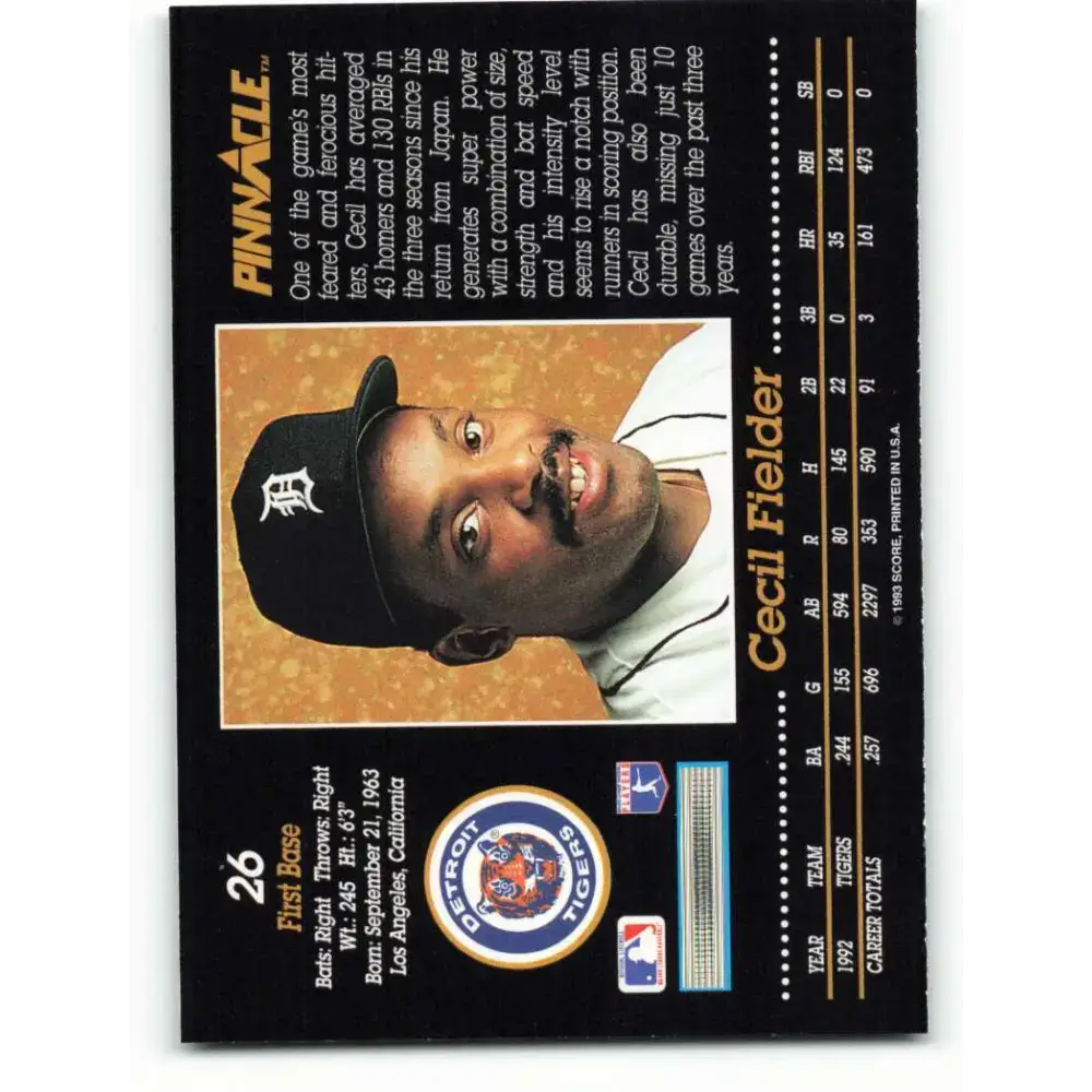 1993 Pinnacle #26 Cecil Fielder NM-MT Detroit Tigers Baseball Card - Baseball Card Single