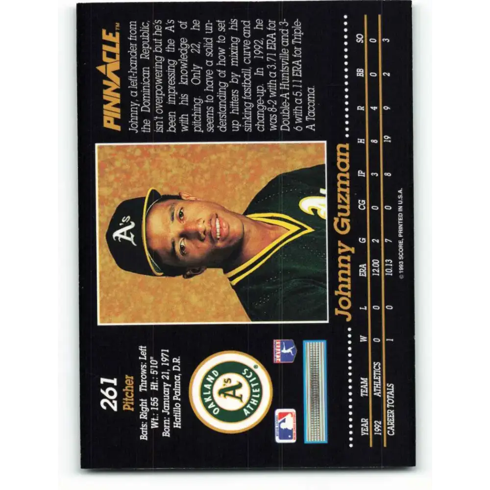 1993 Pinnacle #261 Johnny Guzman NM-MT Oakland Athletics Baseball Card - Baseball Card Single