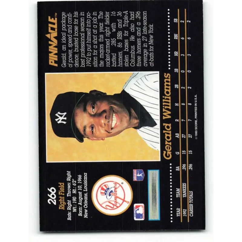 1993 Pinnacle #266 Gerald Williams NM-MT New York Yankees Baseball Card - Baseball Card Single