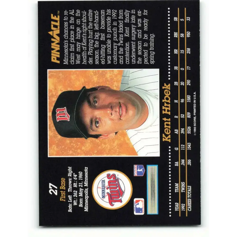 1993 Pinnacle #27 Kent Hrbek NM-MT Minnesota Twins Baseball Card - Baseball Card Single