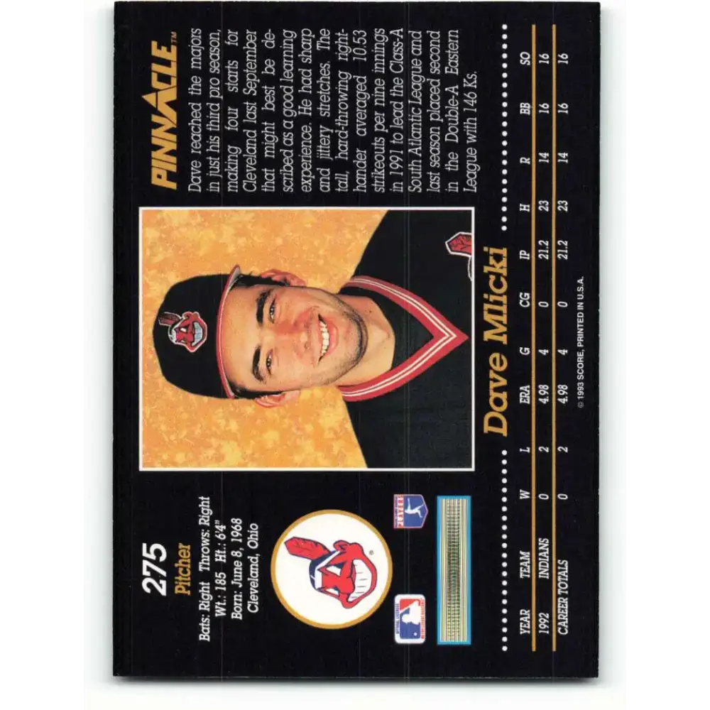 1993 Pinnacle #275 Dave Mlicki NM-MT Cleveland Indians Baseball Card - Baseball Card Single