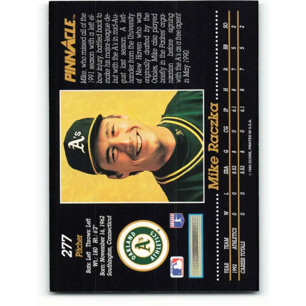 1993 Pinnacle #277 Mike Raczka NM-MT Oakland Athletics Baseball Card - Baseball Card Single
