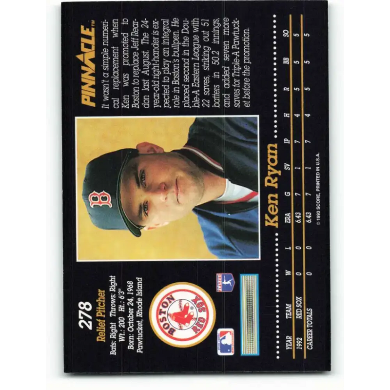 1993 Pinnacle #278 Ken Ryan NM-MT RC Rookie Boston Red Sox Baseball Card - Baseball Card Single