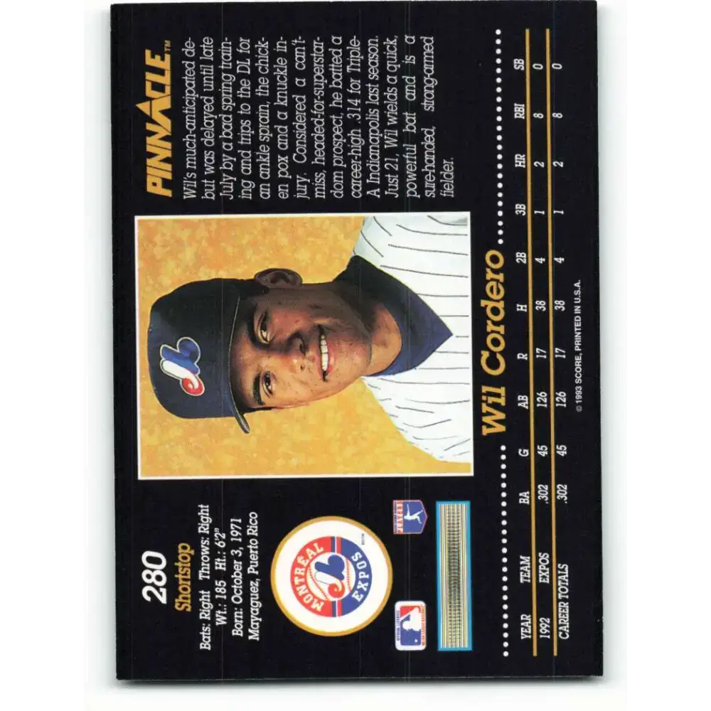 1993 Pinnacle #280 Wil Cordero NM-MT Montreal Expos Baseball Card - Baseball Card Single