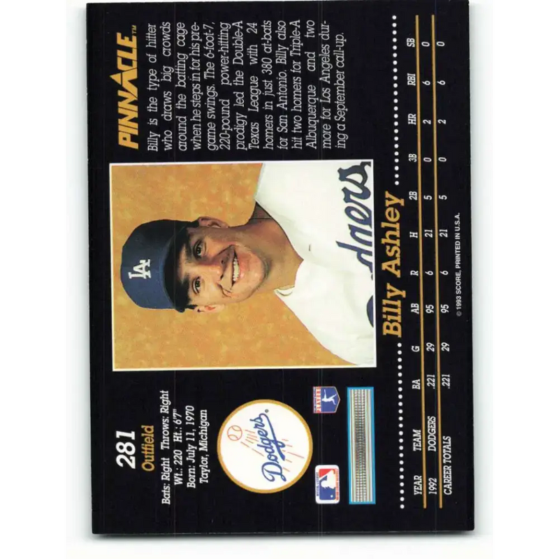 1993 Pinnacle #281 Billy Ashley NM-MT Los Angeles Dodgers Baseball Card - Baseball Card Single