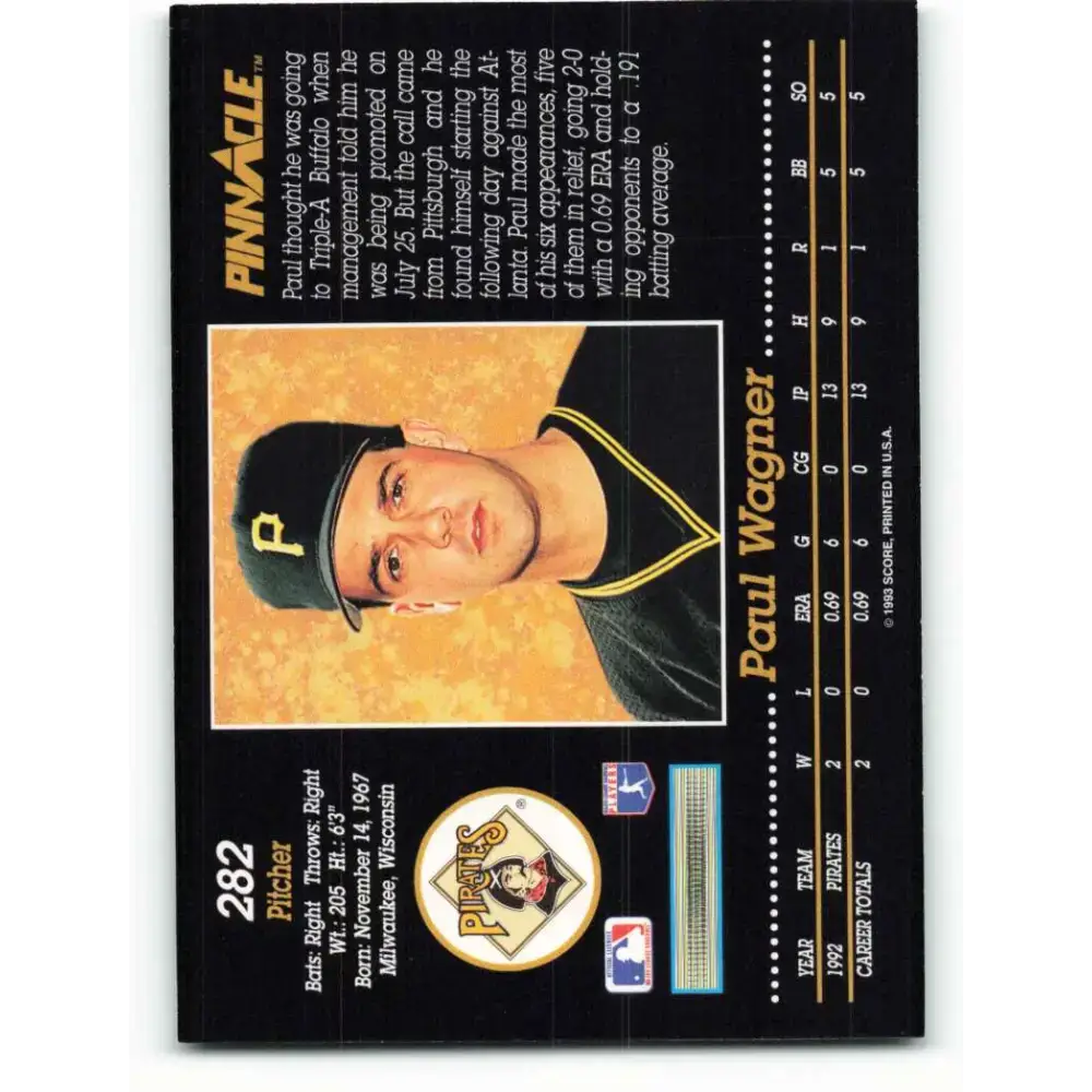 1993 Pinnacle #282 Paul Wagner NM-MT Pittsburgh Pirates Baseball Card - Baseball Card Single