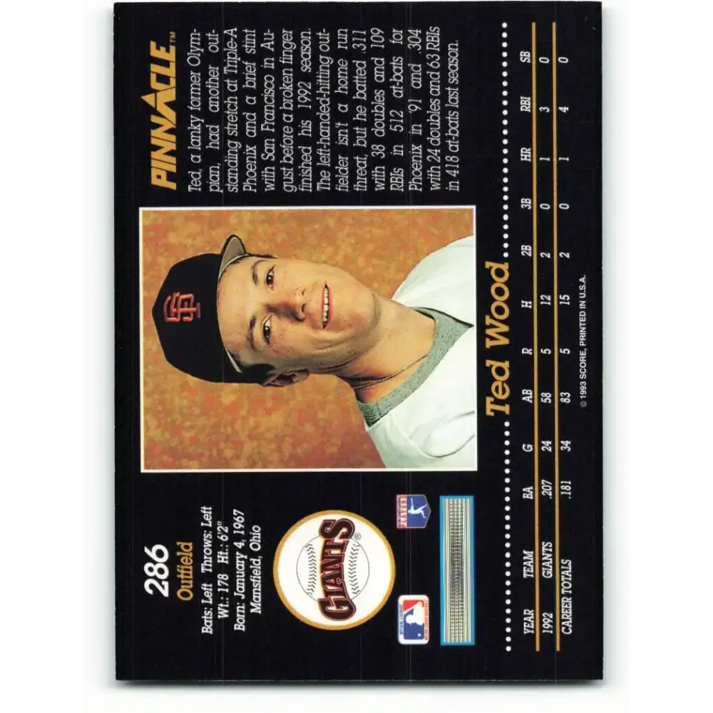 1993 Pinnacle #286 Ted Wood NM-MT San Francisco Giants Baseball Card - Baseball Card Single