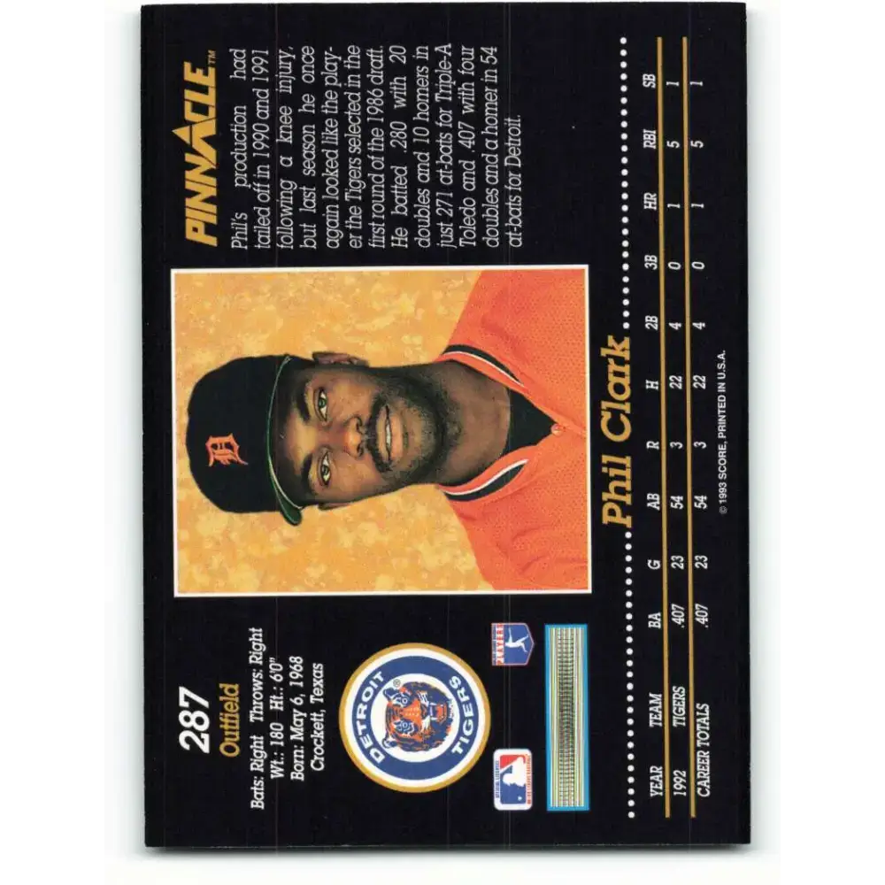 1993 Pinnacle #287 Phil Clark NM-MT Detroit Tigers Baseball Card - Baseball Card Single