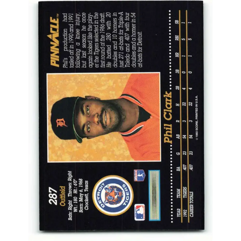 1993 Pinnacle #287 Phil Clark NM-MT Detroit Tigers Baseball Card - Baseball Card Single