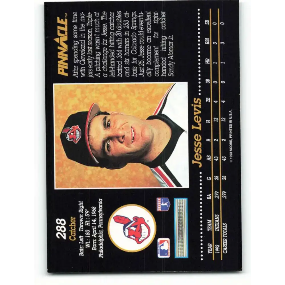 1993 Pinnacle #288 Jesse Levis NM-MT Cleveland Indians Baseball Card - Baseball Card Single