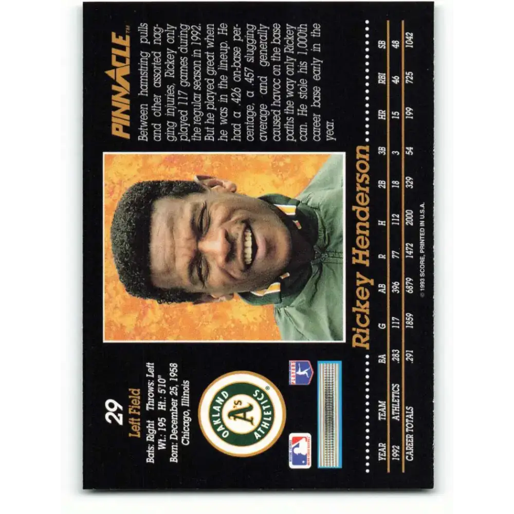 1993 Pinnacle #29 Rickey Henderson NM-MT Oakland Athletics Baseball Card - Baseball Card Single