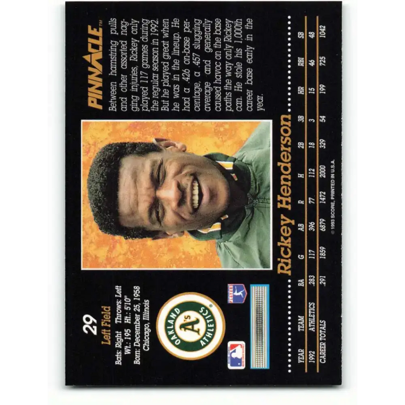 1993 Pinnacle #29 Rickey Henderson NM-MT Oakland Athletics Baseball Card - Baseball Card Single