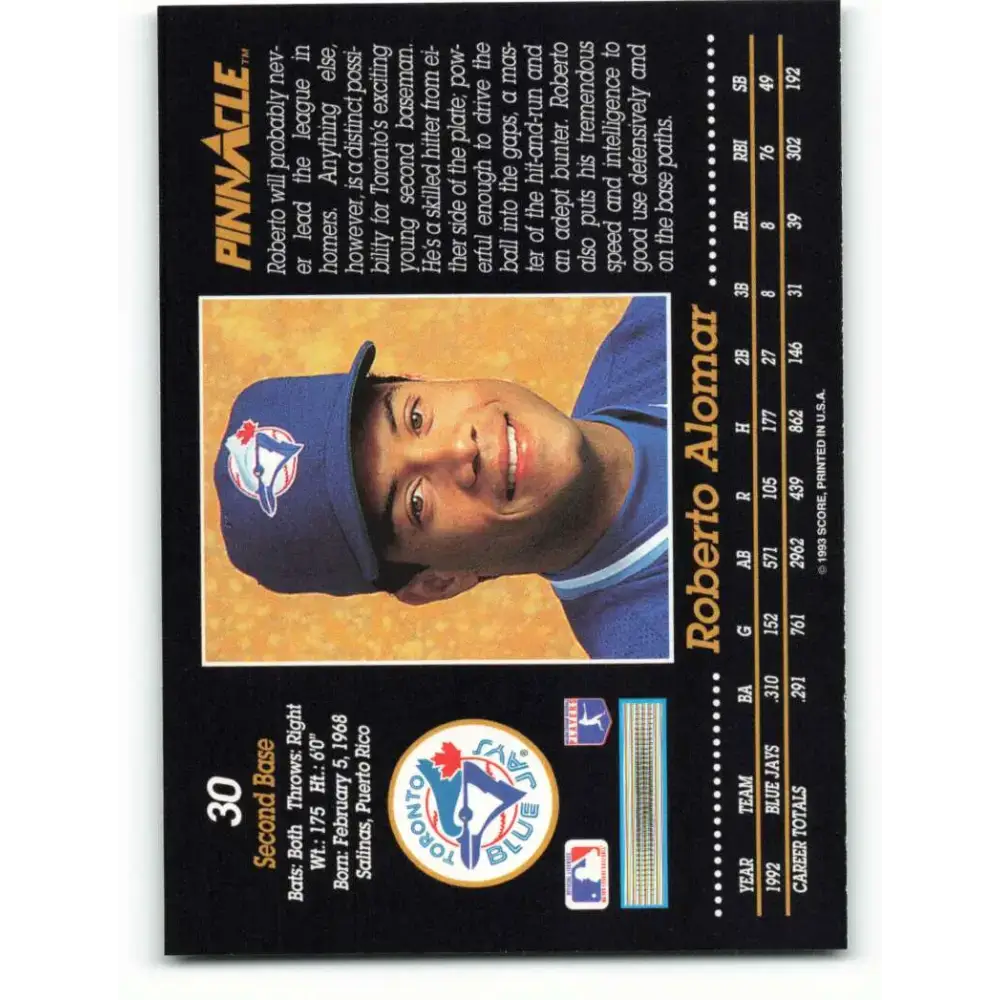 1993 Pinnacle #30 Roberto Alomar NM-MT Toronto Blue Jays Baseball Card - Baseball Card Single